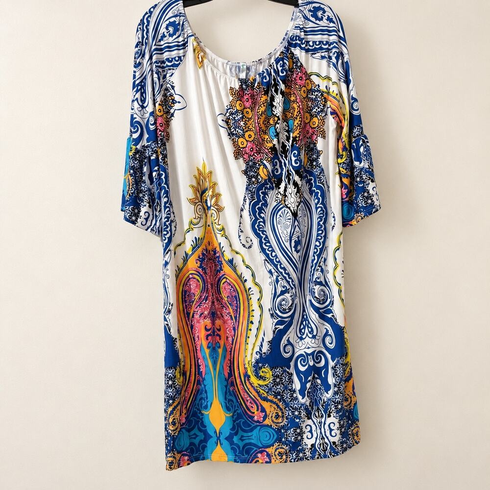 Ambitions Paisley Dress Womens 2XL Blue Bell Sleeve Stretch Boho Made in USA